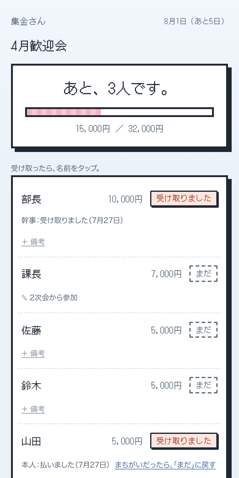幹事の集金表で、課長の名前の下に、2次会から参加、と備考を書いたところ