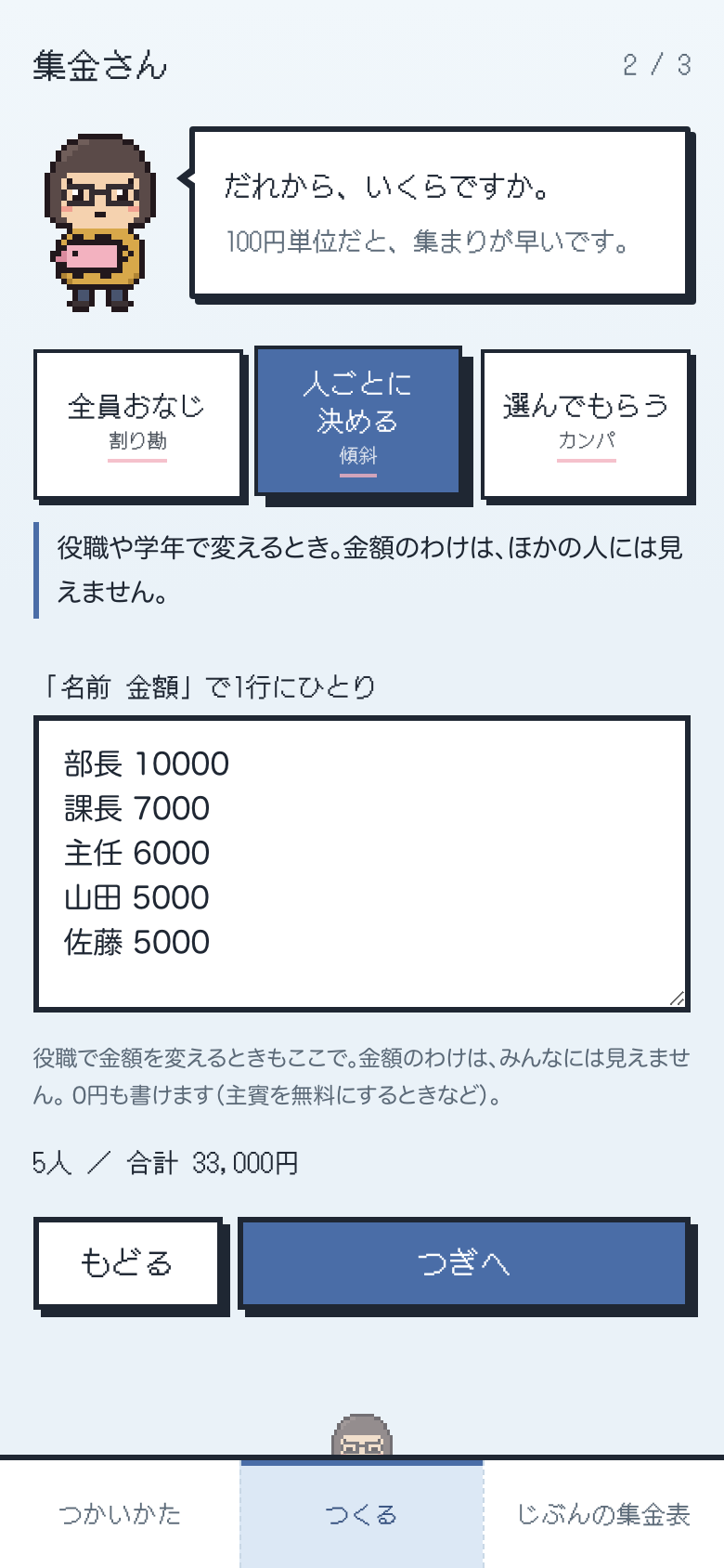 「人ごとに決める」に、部長10000・課長7000・主任6000・山田5000・佐藤5000と貼り付けた作成画面